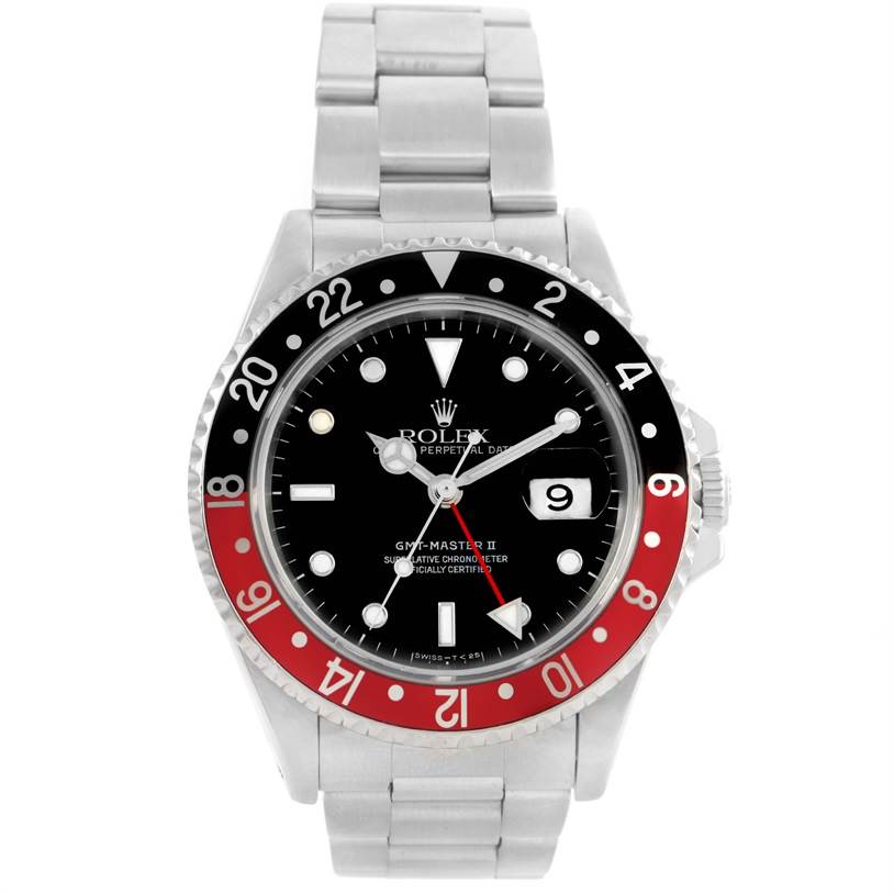 The image shows a front view of a Rolex GMT-Master 16710 Men's Stainless Steel Black Dial 16710 Men's Stainless Steel Black Dial watch, highlighting its black and red bezel, black dial, and stainless steel bracelet.