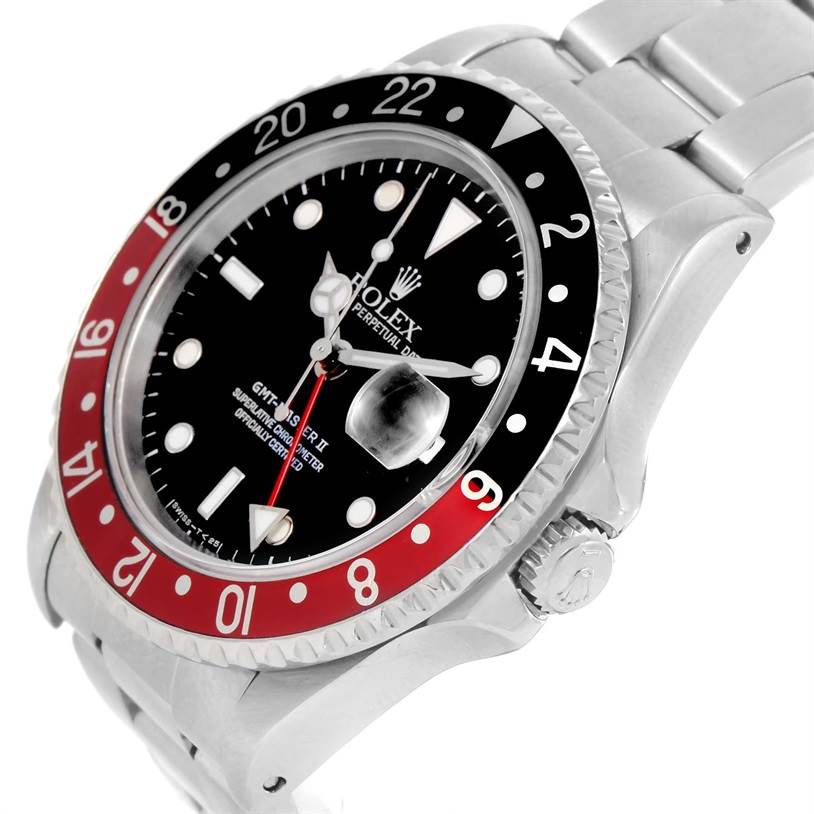 The image shows a close-up of the Rolex GMT-Master 16710 Men's Stainless Steel Black Dial 16710 Men's Stainless Steel Black Dial watch, including its dial, bezel, and part of the strap at an angled view.