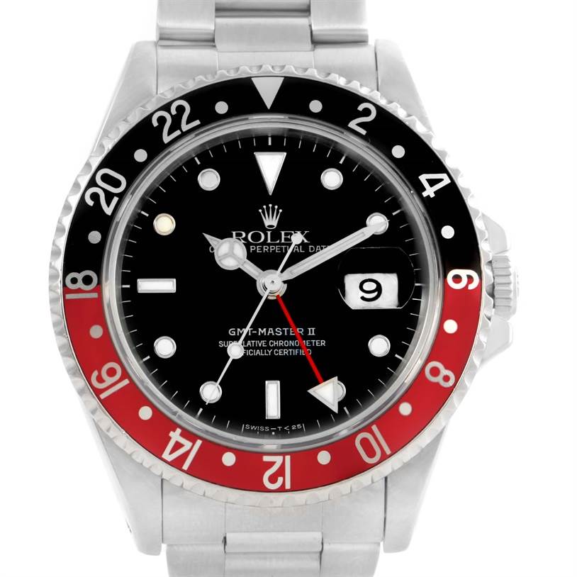 The image shows a front view of a Rolex GMT-Master 16710 Men's Stainless Steel Black Dial 16710 Men's Stainless Steel Black Dial II watch, featuring a black and red bezel and a black dial.