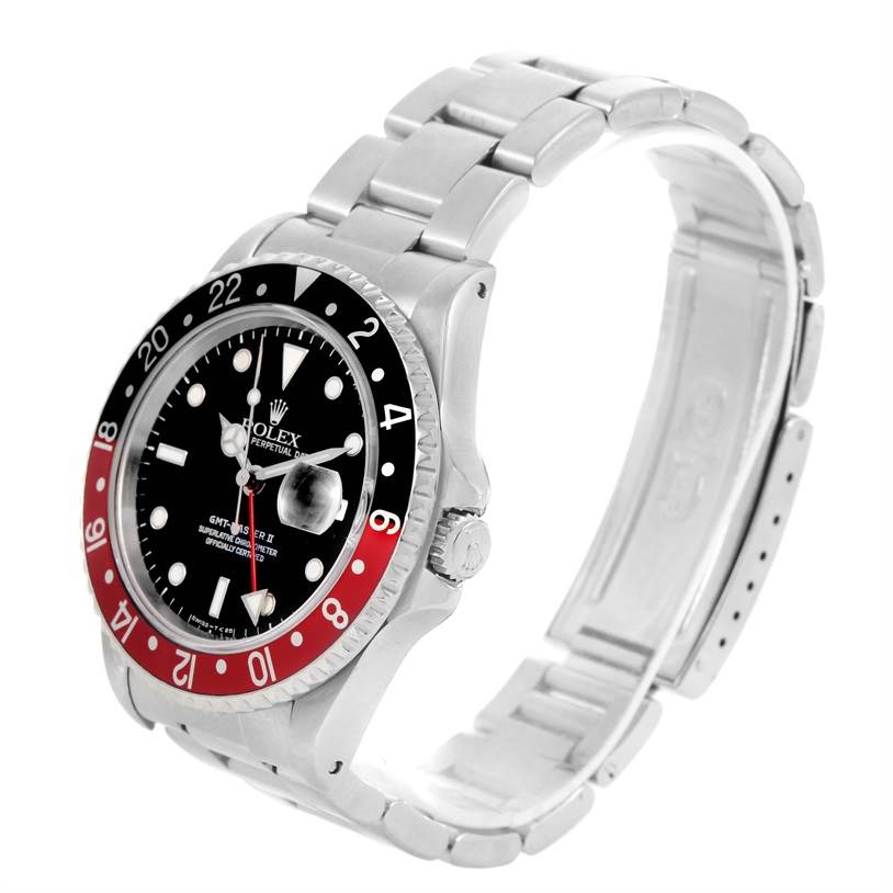 The image shows a front-side angle of a Rolex GMT-Master 16710 Men's Stainless Steel Black Dial 16710 Men's Stainless Steel Black Dial watch, highlighting the bezel, dial, bracelet, and crown.