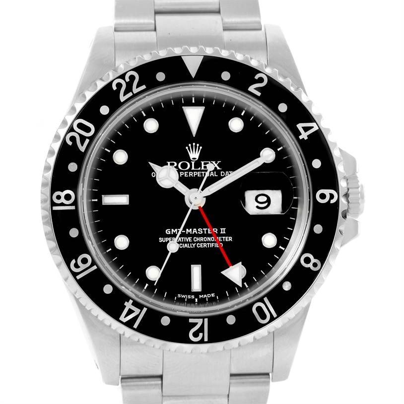This image shows a front view of a Rolex GMT-Master 16710 Men's Stainless Steel Black Dial 16710 Men's Stainless Steel Black Dial II watch with a black dial and bezel, featuring a date display and multiple hands.