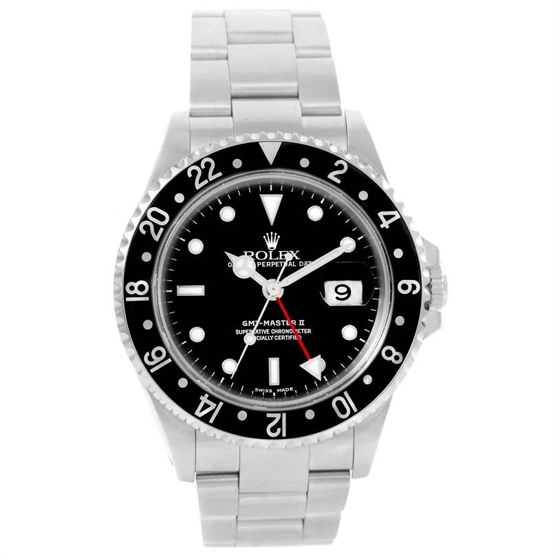 The image shows a front view of a Rolex GMT-Master 16710 Men's Stainless Steel Black Dial 16710 Men's Stainless Steel Black Dial watch, highlighting the dial, bezel, bracelet, and date window.