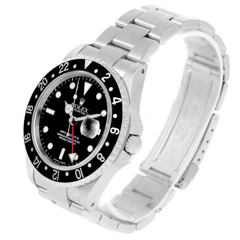 The image shows a Rolex GMT-Master 16710 Men's Stainless Steel Black Dial 16710 Men's Stainless Steel Black Dial watch from a front-left angle, highlighting the bezel, dial, and bracelet.