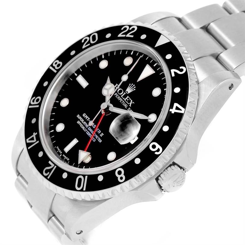 The image shows a Rolex GMT-Master 16710 Men's Stainless Steel Black Dial 16710 Men's Stainless Steel Black Dial II watch from an angled side view, highlighting the black bezel, dial, crown, and bracelet.