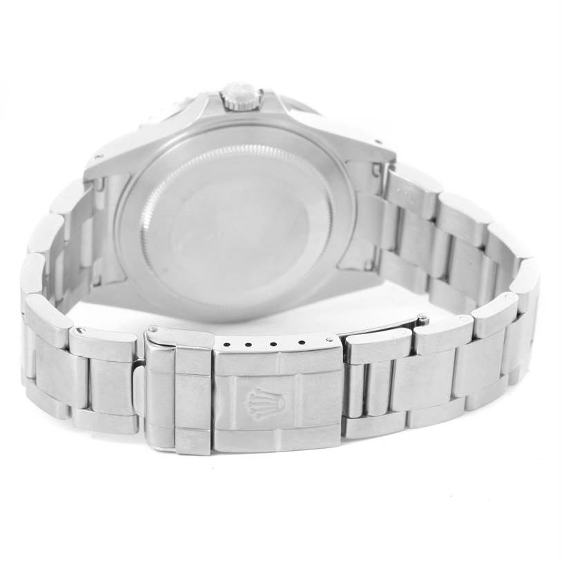 The image shows the back view of a Rolex GMT-Master 16710 Men's Stainless Steel Black Dial 16710 Men's Stainless Steel Black Dial watch, including the case back and a portion of the bracelet with the clasp.