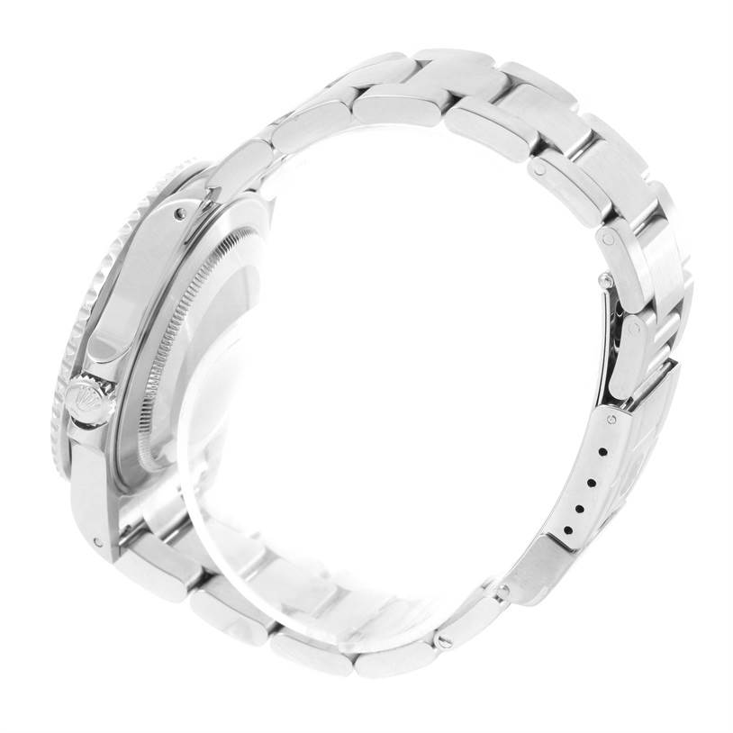 The image shows the side profile of a Rolex GMT-Master 16710 Men's Stainless Steel Black Dial 16710 Men's Stainless Steel Black Dial watch, focusing on the case, bezel, crown, and stainless steel bracelet.