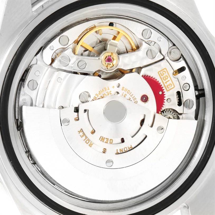 This image shows the intricate automatic movement mechanism inside a Rolex GMT-Master 16710 Men's Stainless Steel Black Dial 16710 Men's Stainless Steel Black Dial watch from a rear view.