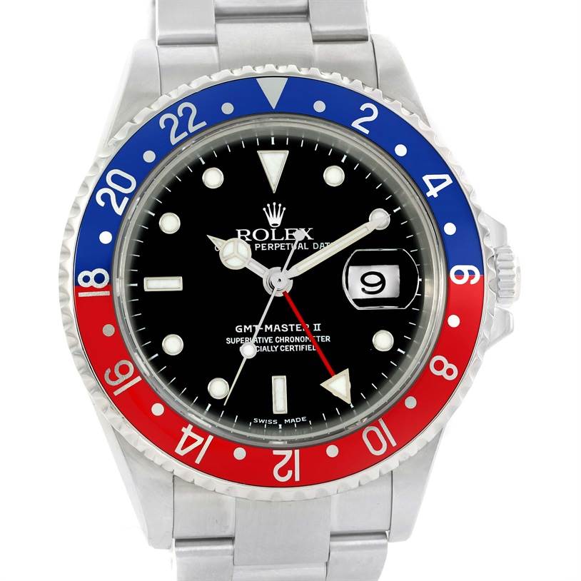 The image shows a front view of the Rolex GMT-Master 16710 Men's Stainless Steel Black Dial 16710 Men's Stainless Steel Black Dial II watch, featuring a black dial, date display, and red and blue bezel.