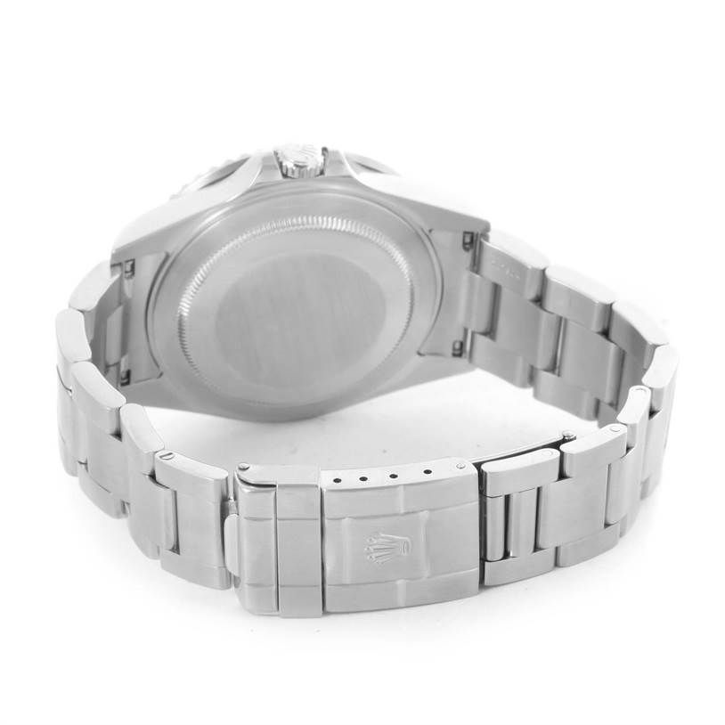 The image shows the back view of a Rolex GMT-Master 16710 Men's Stainless Steel Black Dial 16710 Men's Stainless Steel Black Dial watch, highlighting the case back, crown, and bracelet with the clasp.