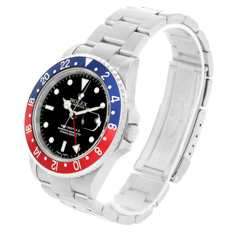 The image shows a Rolex GMT-Master 16710 Men's Stainless Steel Black Dial 16710 Men's Stainless Steel Black Dial II watch angled from the left, displaying the bezel, dial, crown, and bracelet.