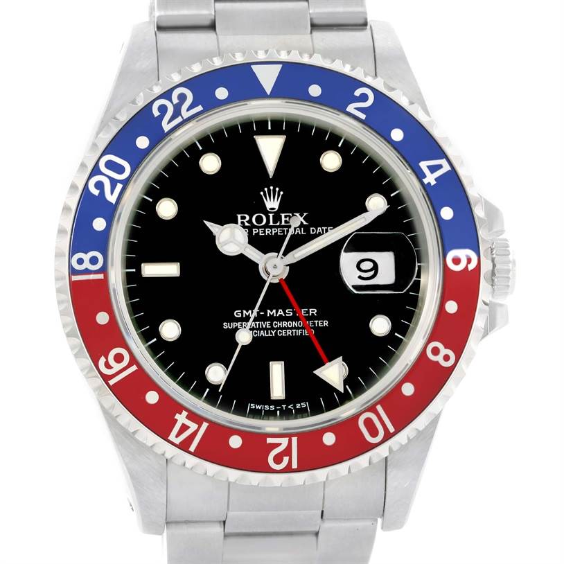 This image shows a front view of a Rolex GMT-Master 16700 Men's Stainless Steel Black Dial 16700 Men's Stainless Steel Black Dial watch, highlighting its 'Pepsi' bezel, black dial, and date window.