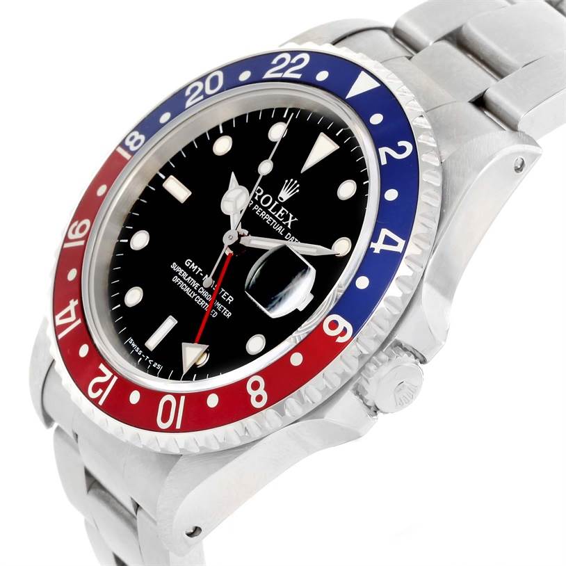 The watch is a Rolex GMT-Master 16700 Men's Stainless Steel Black Dial 16700 Men's Stainless Steel Black Dial, shown from a side angle highlighting its bezel, dial, crown, and a portion of the bracelet.