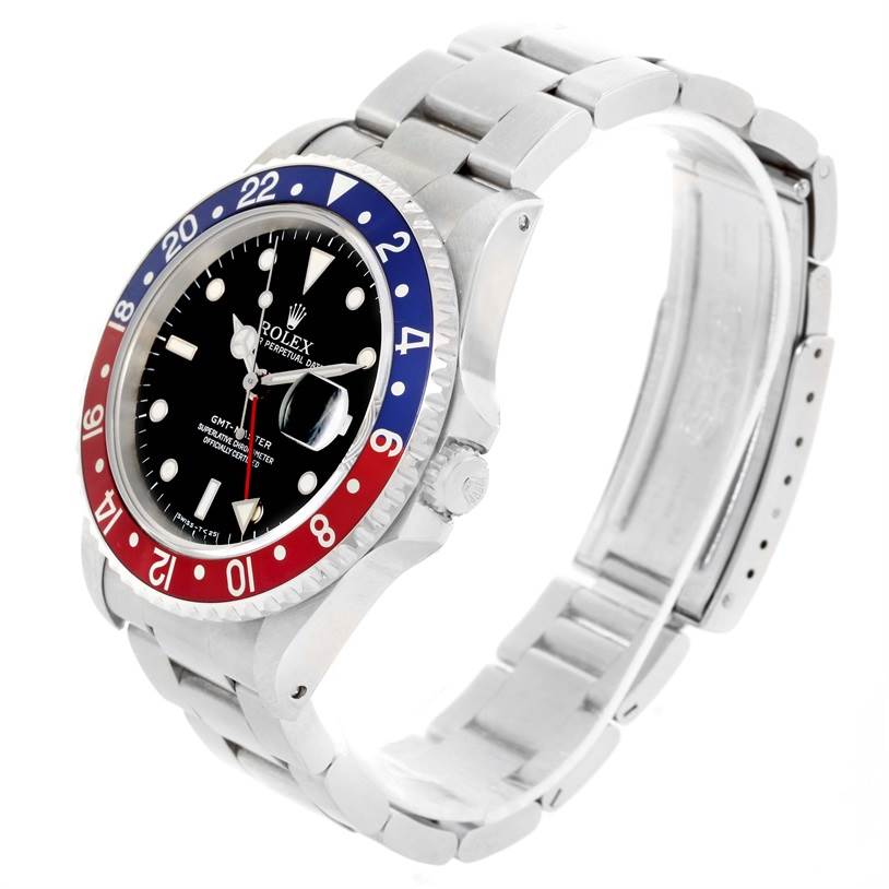 The image shows a side angle of a Rolex GMT-Master 16700 Men's Stainless Steel Black Dial 16700 Men's Stainless Steel Black Dial watch, highlighting the bezel, bracelet, and clasp.