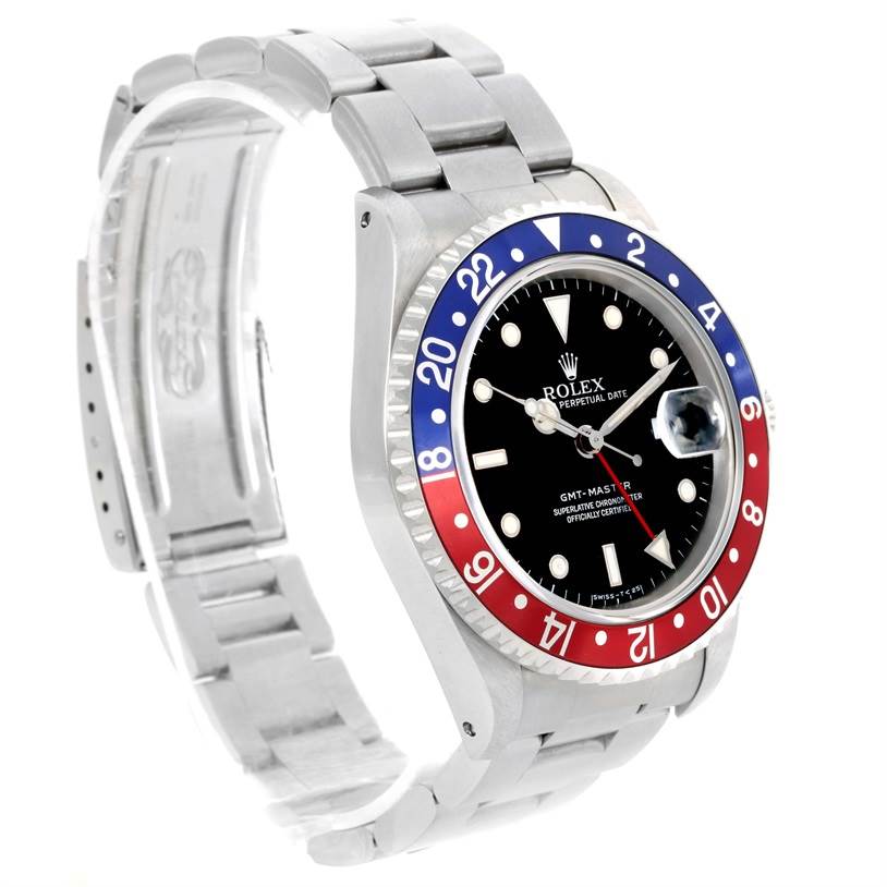 The image shows a side angle of a Rolex GMT-Master 16700 Men's Stainless Steel Black Dial 16700 Men's Stainless Steel Black Dial watch, highlighting its bezel, dial, and bracelet.