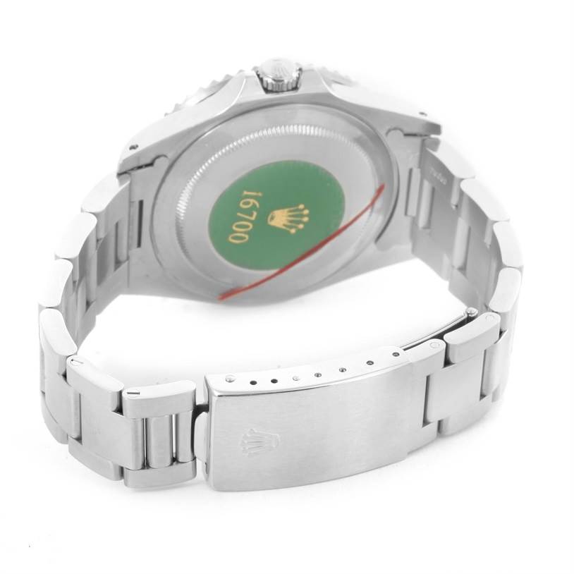 The image shows the back view of a Rolex GMT-Master 16700 Men's Stainless Steel Black Dial 16700 Men's Stainless Steel Black Dial watch, highlighting the case back and clasp.