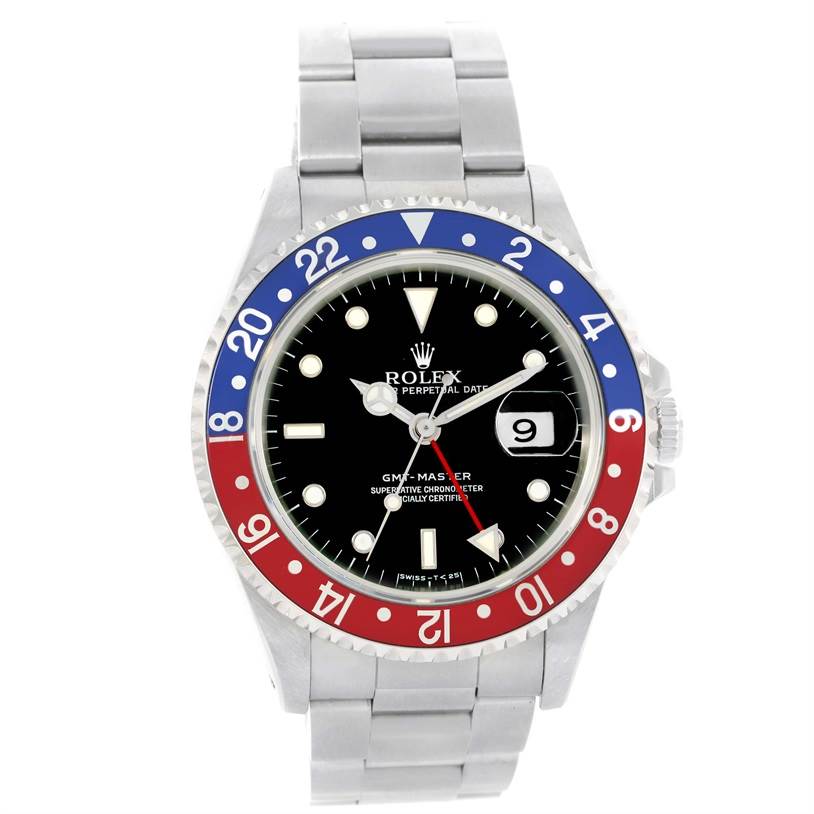The image shows a front view of the Rolex GMT-Master 16700 Men's Stainless Steel Black Dial 16700 Men's Stainless Steel Black Dial watch, displaying the dial, bezel, and bracelet.