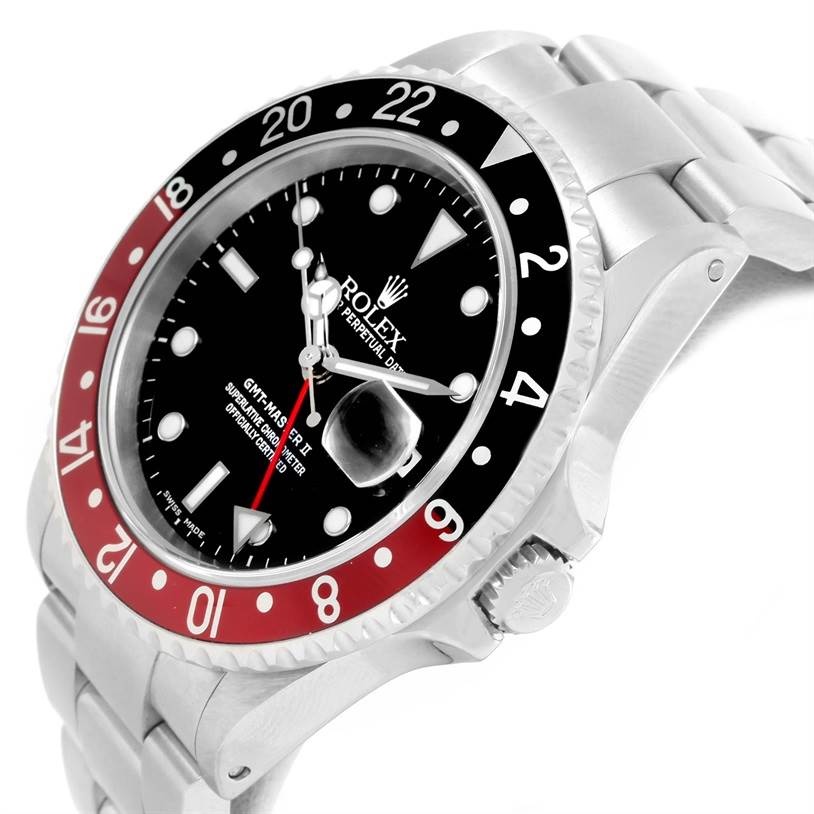 The image shows a Rolex GMT-Master 16710 Men's Stainless Steel Black Dial 16710 Men's Stainless Steel Black Dial II watch from an angled side view, highlighting the bezel, crown, and bracelet.