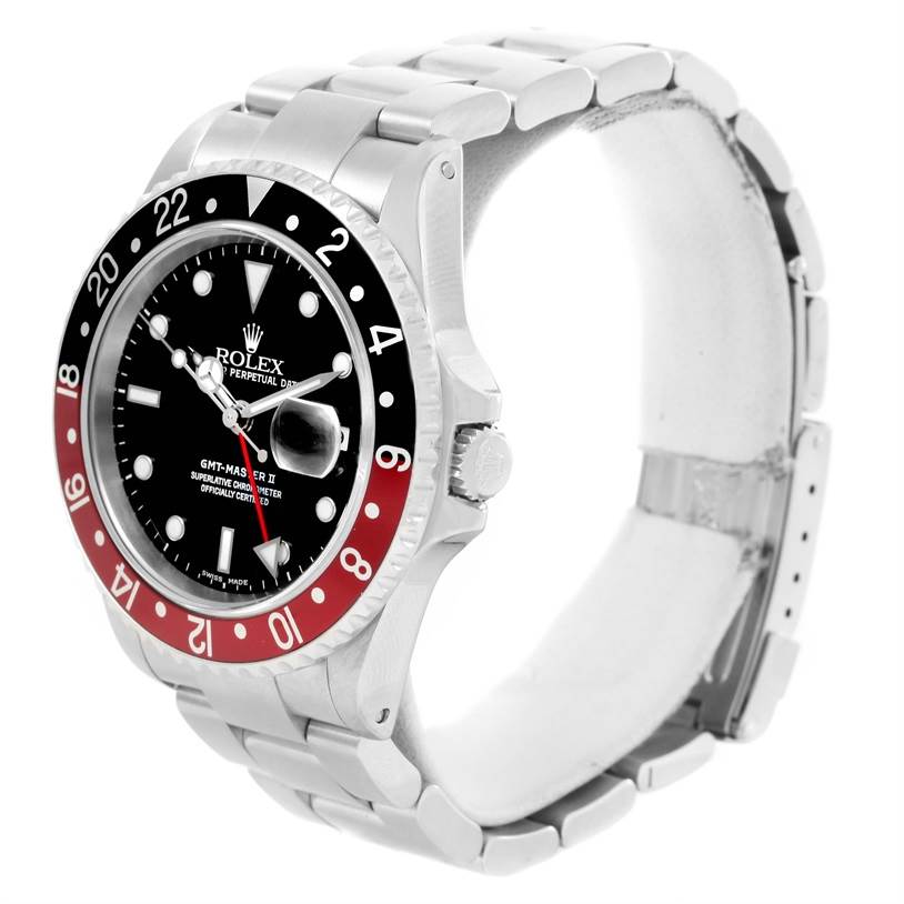 The image shows a side angle of the Rolex GMT-Master 16710 Men's Stainless Steel Black Dial 16710 Men's Stainless Steel Black Dial II, highlighting the bezel, dial, and bracelet.