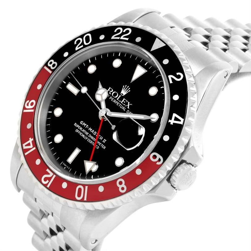 A Rolex GMT-Master 16710 Men's Stainless Steel Black Dial 16710 Men's Stainless Steel Black Dial watch is shown from an angled close-up, displaying its bezel, dial, and part of the bracelet.