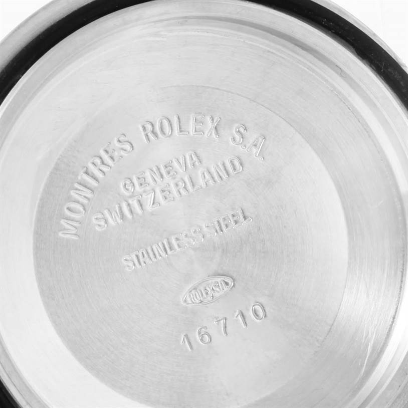 This image shows the case back of a Rolex GMT-Master 16710 Men's Stainless Steel Black Dial 16710 Men's Stainless Steel Black Dial watch, featuring model number 16710 etched in stainless steel.