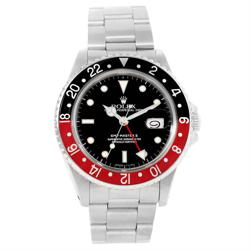 The image shows a front view of the Rolex GMT-Master 16710 Men's Stainless Steel Black Dial 16710 Men's Stainless Steel Black Dial II watch, displaying the face, bezel, and bracelet.