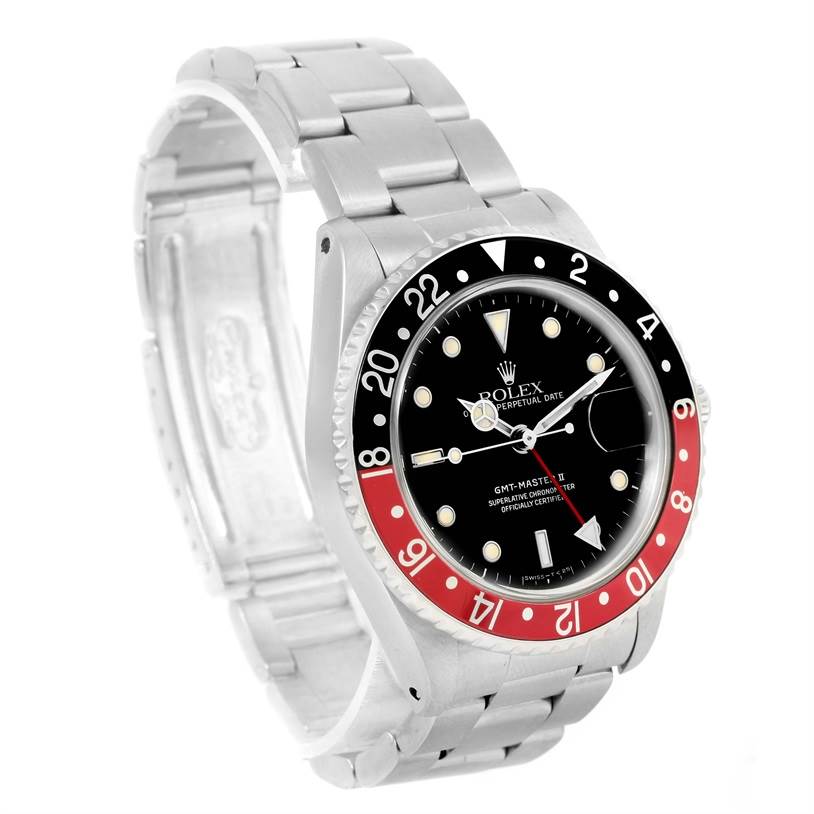 The image shows a side-angle view of the Rolex GMT-Master 16710 Men's Stainless Steel Black Dial 16710 Men's Stainless Steel Black Dial, highlighting the bezel, dial, bracelet, and case.