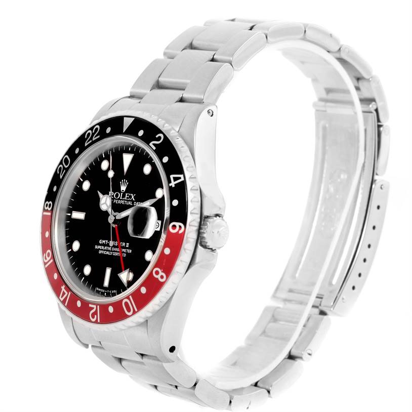 The image shows a Rolex GMT-Master 16710 Men's Stainless Steel Black Dial 16710 Men's Stainless Steel Black Dial watch at an angled view, highlighting the bezel, dial, crown, and stainless steel bracelet.