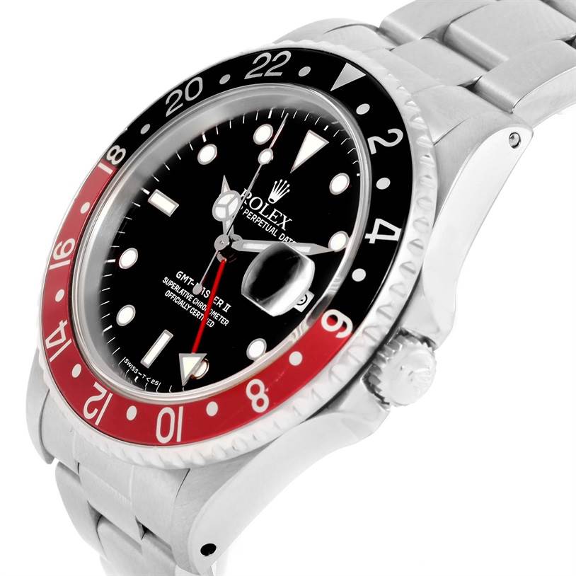 The image shows a side and partial front view of the Rolex GMT-Master 16710 Men's Stainless Steel Black Dial 16710 Men's Stainless Steel Black Dial II watch, displaying the bezel, dial, crown, and bracelet.
