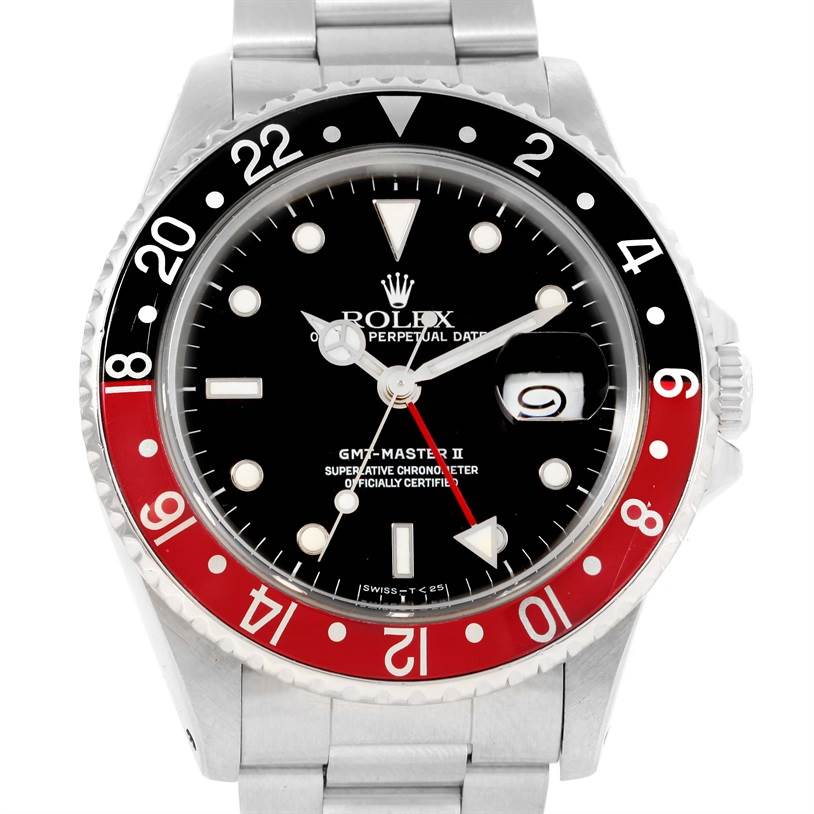 The image shows a front view of the Rolex GMT-Master 16710 Men's Stainless Steel Black Dial 16710 Men's Stainless Steel Black Dial II watch featuring a black and red bezel and the date window.