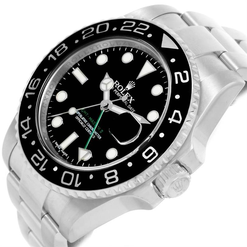This image shows a Rolex GMT-Master 116710 Men's Stainless Steel Black Dial 116710 Men's Stainless Steel Black Dial watch at a slight angle, highlighting its bezel, dial, crown, and bracelet.