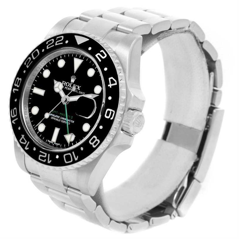 This image shows a Rolex GMT-Master 116710 Men's Stainless Steel Black Dial 116710 Men's Stainless Steel Black Dial watch from an angled side view, highlighting the bezel, dial, and bracelet.