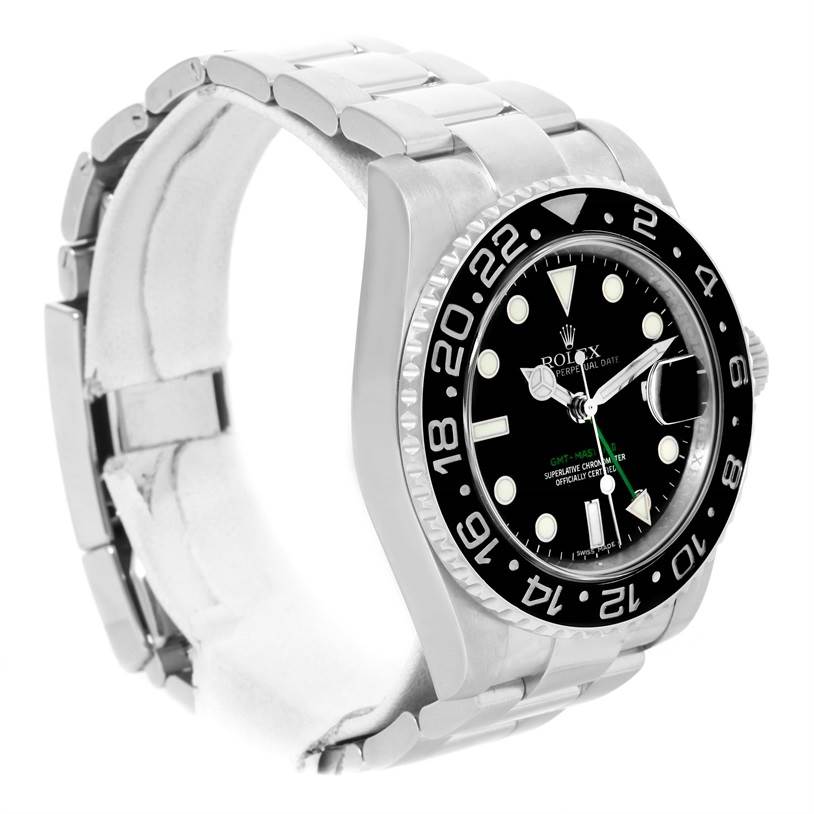 The image shows a side angle view of a Rolex GMT-Master 116710 Men's Stainless Steel Black Dial 116710 Men's Stainless Steel Black Dial watch, highlighting its bezel, dial, and bracelet.