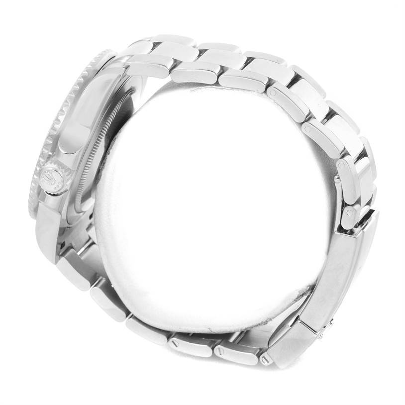 This image shows the side view of a Rolex GMT-Master 116710 Men's Stainless Steel Black Dial 116710 Men's Stainless Steel Black Dial watch, focusing on its metal bracelet and crown.