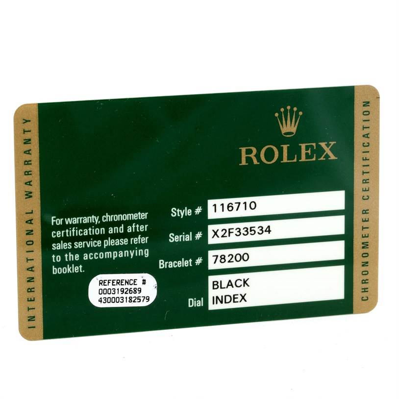 This image shows the warranty card for a Rolex GMT-Master 116710 Men's Stainless Steel Black Dial 116710 Men's Stainless Steel Black Dial model, detailing the style number, serial number, bracelet number, and dial description.