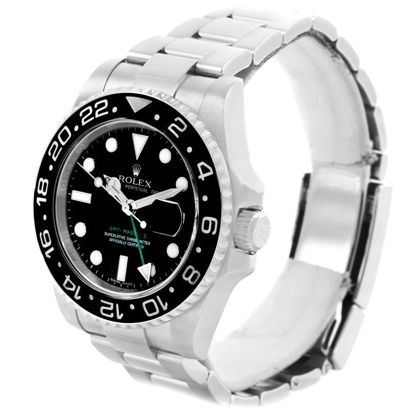 The Rolex GMT-Master 116710BKSO Men's Stainless Steel Black Dial 116710BKSO Men's Stainless Steel Black Dial watch is shown at a slight angle, displaying the face, bezel, crown, and part of the bracelet.