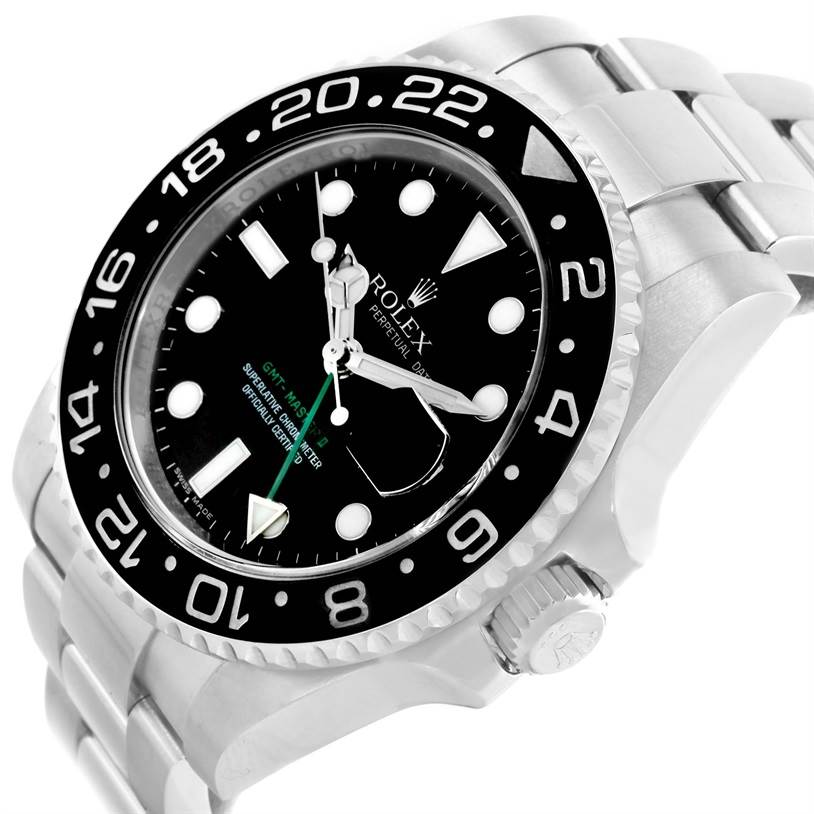 The image shows a Rolex GMT-Master 116710BKSO Men's Stainless Steel Black Dial 116710BKSO Men's Stainless Steel Black Dial watch at an angle highlighting its face, bezel, crown, and part of the bracelet.