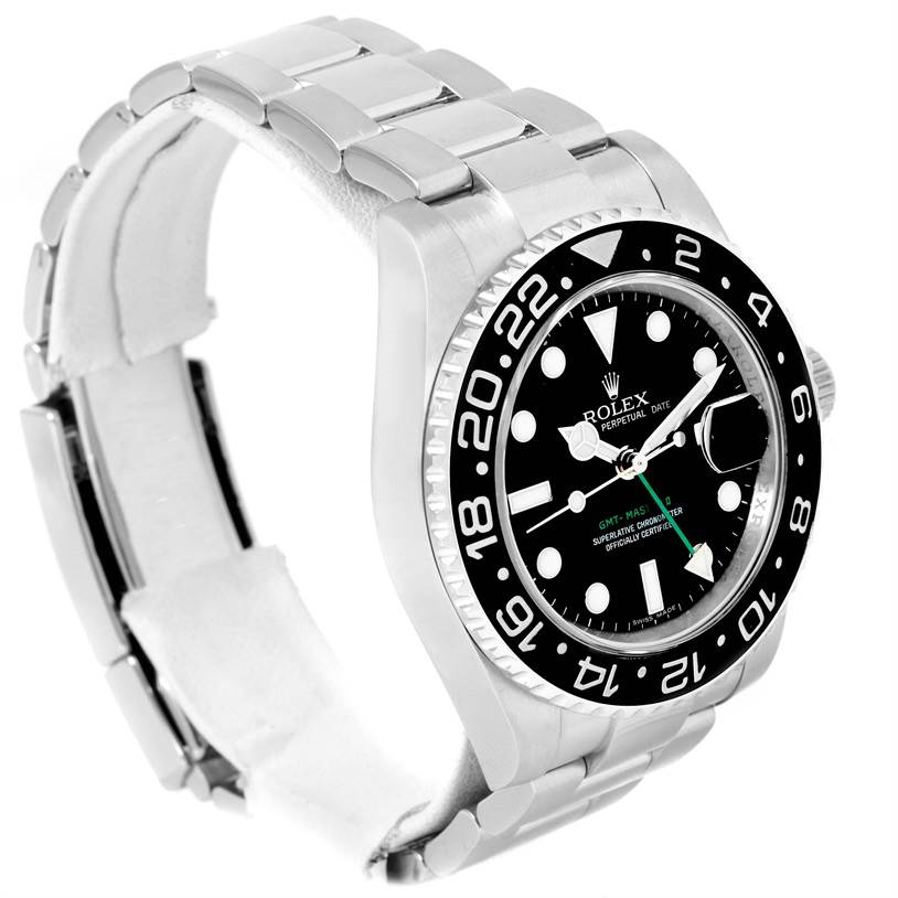 The image shows a Rolex GMT-Master 116710BKSO Men's Stainless Steel Black Dial 116710BKSO Men's Stainless Steel Black Dial watch at a slight angle, displaying the face, bezel, and part of the metal bracelet.