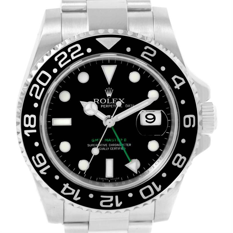 The image shows a front view of a Rolex GMT-Master 116710BKSO Men's Stainless Steel Black Dial 116710BKSO Men's Stainless Steel Black Dial II watch, displaying the dial, bezel, and bracelet.