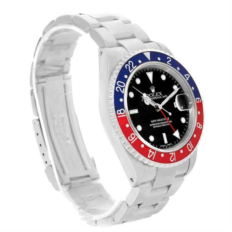 The image shows a three-quarter angle of the Rolex GMT-Master 16710 Men's Stainless Steel Black Dial 16710 Men's Stainless Steel Black Dial watch, focusing on the dial, bezel, and bracelet.