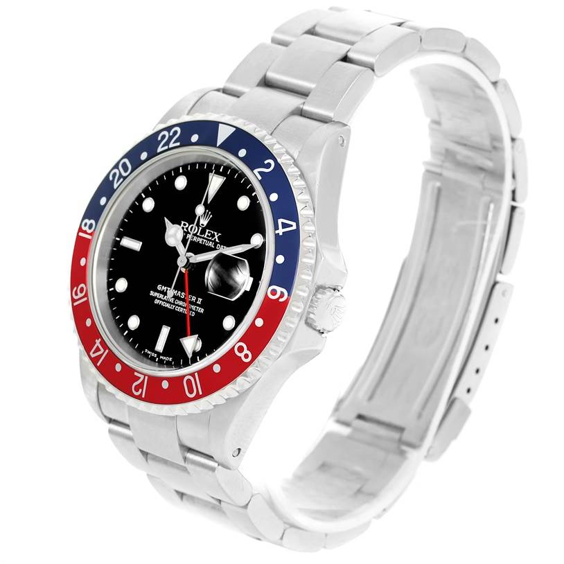 The image shows a Rolex GMT-Master 16710 Men's Stainless Steel Black Dial 16710 Men's Stainless Steel Black Dial watch at an angled side view, highlighting its bezel, crown, and metal bracelet.