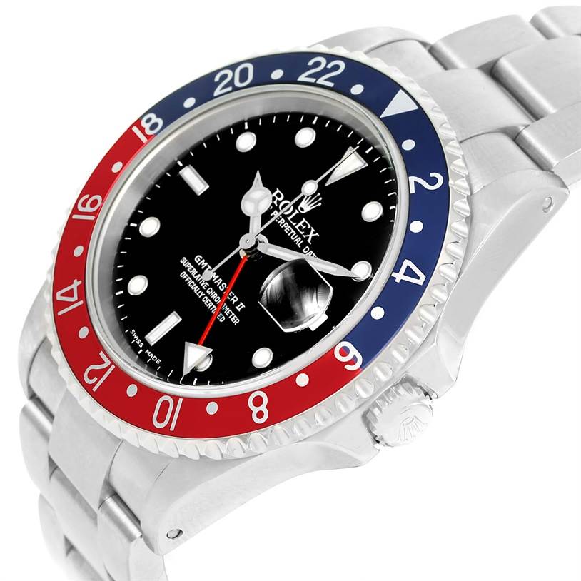 The image shows a Rolex GMT-Master 16710 Men's Stainless Steel Black Dial 16710 Men's Stainless Steel Black Dial watch at a slight angle, displaying the bezel, dial, crown, and part of the bracelet.