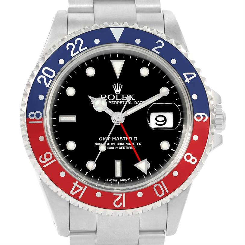 This image shows a frontal view of a Rolex GMT-Master 16710 Men's Stainless Steel Black Dial 16710 Men's Stainless Steel Black Dial II watch, featuring the bezel, dial, and part of the bracelet.