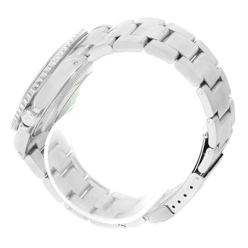 Side angle view of the Rolex GMT-Master 16710 Men's Stainless Steel Black Dial 16710 Men's Stainless Steel Black Dial watch, focusing on the bracelet and case.