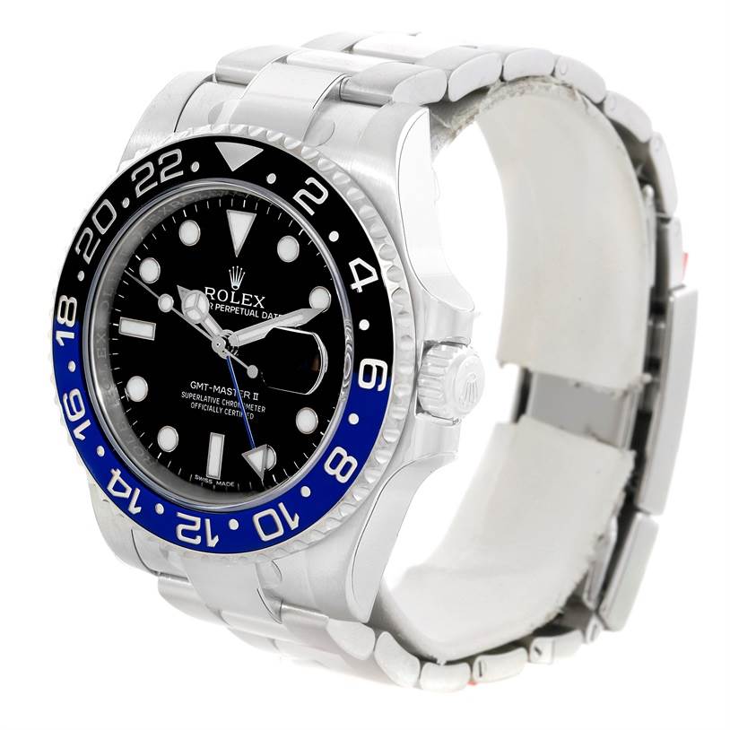 The image shows a side and front angle of the Rolex GMT-Master 116710 Men's Stainless Steel Black Dial 116710 Men's Stainless Steel Black Dial II watch with a black and blue bezel and metal bracelet.