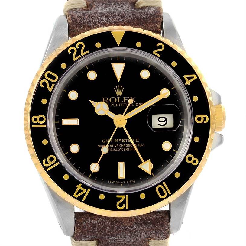 The image shows a front view of a Rolex GMT-Master 16713 Men's Stainless Steel Black Dial 16713 Men's Stainless Steel Black Dial II watch, displaying the bezel, dial, hands, date window, and part of the strap.
