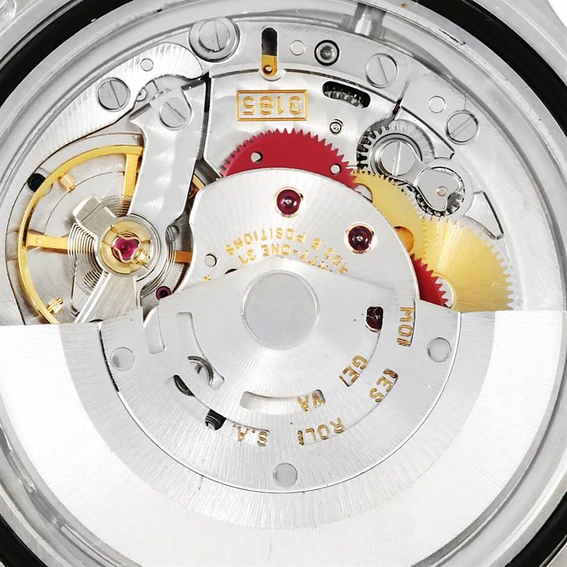 This image shows the intricate movement mechanism and internal components of a Rolex GMT-Master 16710 Men's Stainless Steel Black Dial 16710 Men's Stainless Steel Black Dial watch viewed from the back.