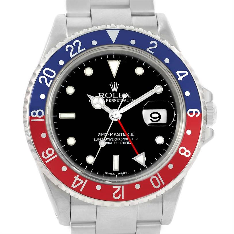 The image shows a frontal view of the Rolex GMT-Master 16710 Men's Stainless Steel Black Dial 16710 Men's Stainless Steel Black Dial II watch, displaying its red and blue bezel and black dial.