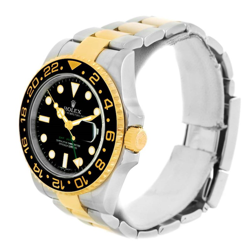 The Rolex GMT-Master watch is shown from a front three-quarter angle, highlighting its bezel, dial, case, and bracelet.