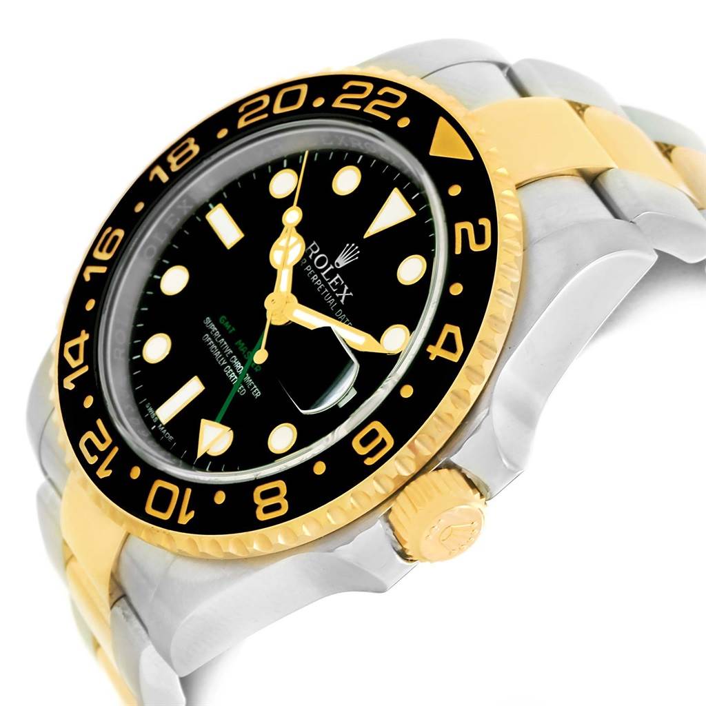 This image shows a side angle of the Rolex GMT-Master 116713 Men's Stainless Steel Black Dial 116713 Men's Stainless Steel Black Dial watch, focusing on the bezel, crown, and bracelet.