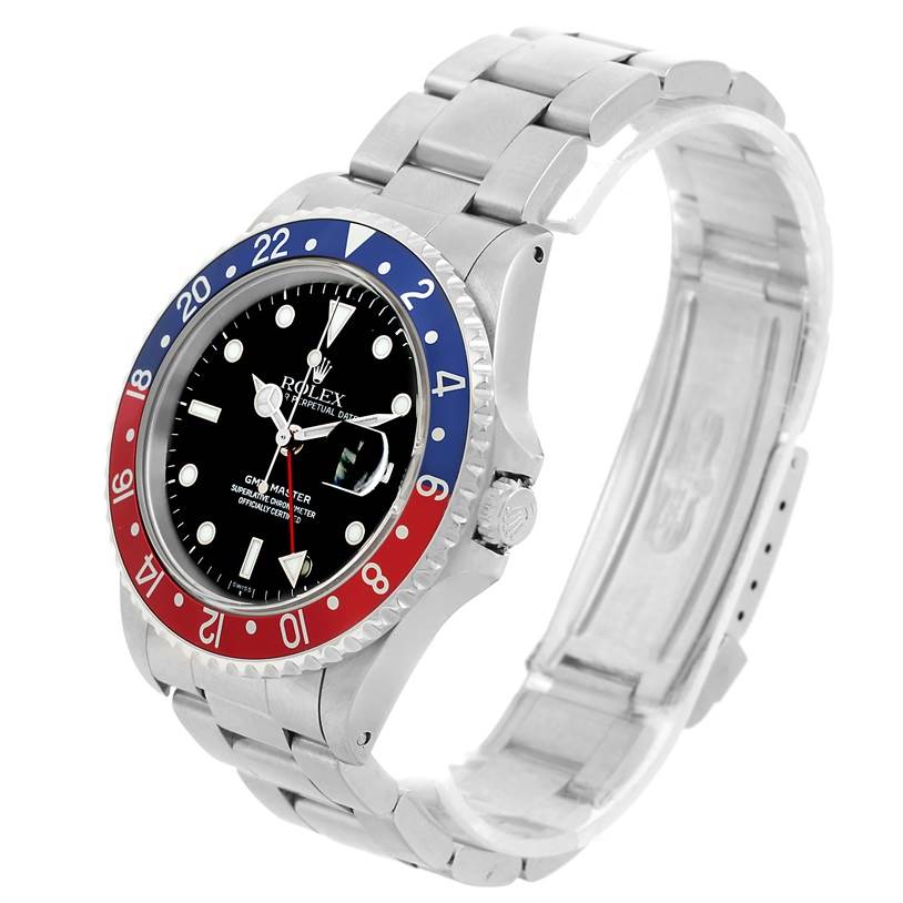The image shows a Rolex GMT-Master 16700 Men's Stainless Steel Black Dial 16700 Men's Stainless Steel Black Dial watch from a side angle, highlighting the face, bezel, and bracelet.